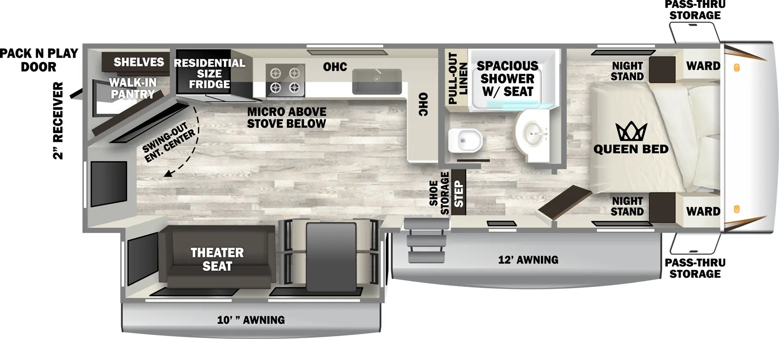 The Sabre 25RLS floorplan has one entry and one slide out. Exterior features include: fiberglass exterior and 10' & 12' awning. Interiors features include: front bedroom.